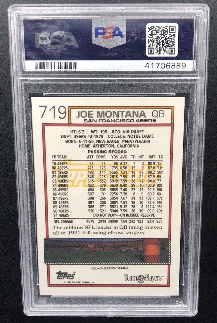 1992 TOPPS GOLD PARALLEL #719 JOE MONTANA 49ERS GRADED PSA 10 GEM MINT view 2