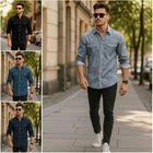 Mens Denim Shirt Long Sleeve Pocket Soft Cotton Button Casual Classic Western