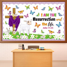 Easter Religious Cross Bulletin Board Set with Butterflies and Lamb Cutouts