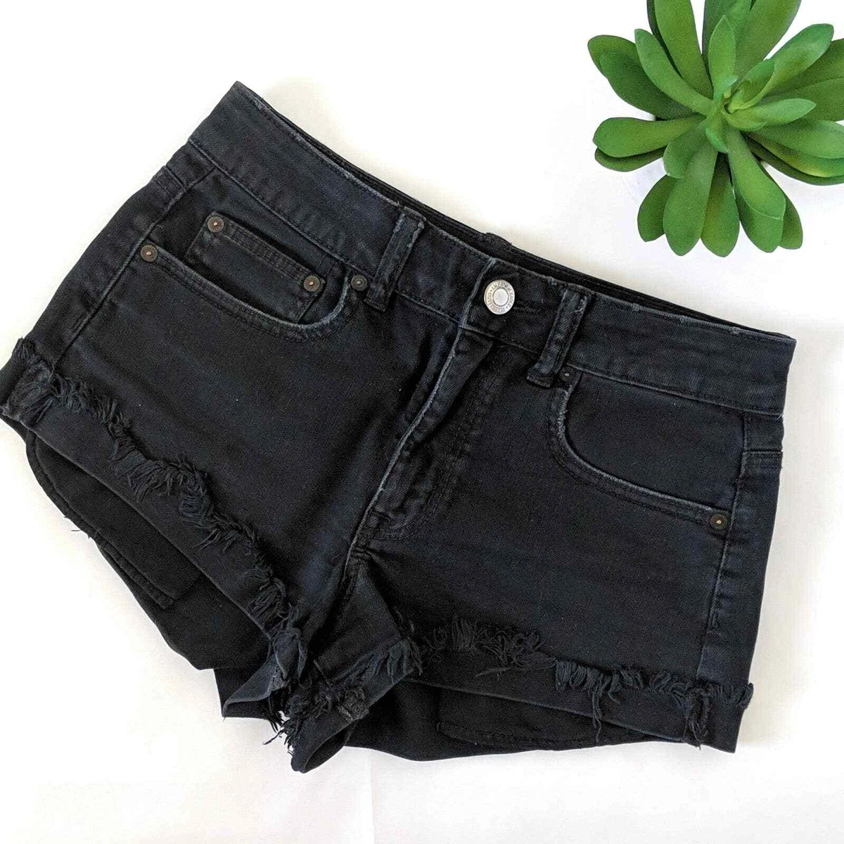 American Eagle Hi Rise Festival Black Jean Shorts Size 4 Demin Mom Wedgie  Fit