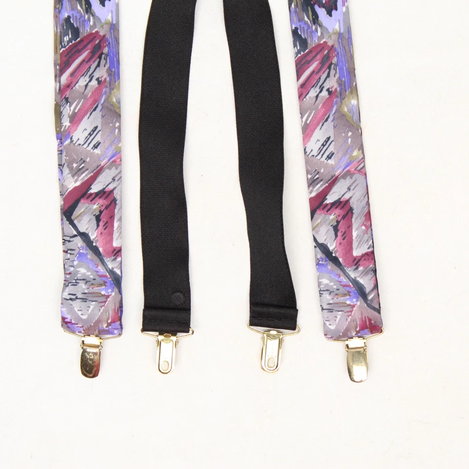 CAS Germany Clip On Braces Suspenders Gray Burgundy Purple Green Abstract Print - Изображение 3 из 4