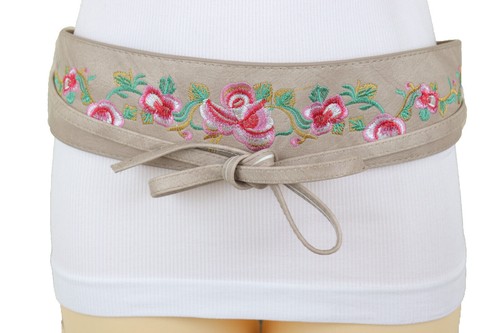 Mujer Beige Piel Sintética Envuelva Cinturón Rosa Roja Colorido Bordado Flor S M - Imagen 8 de 12