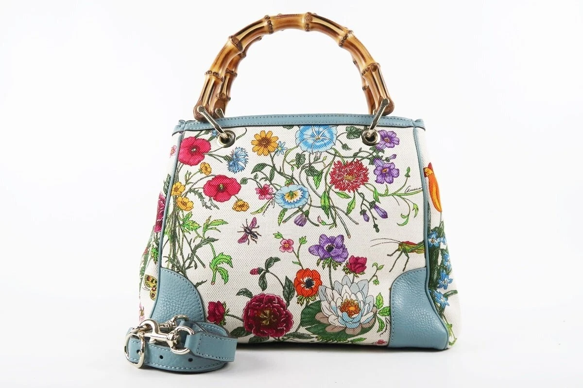Sac à main bandoulière GUCCI 2 voies floral toile cuir multicolore occasion authentique