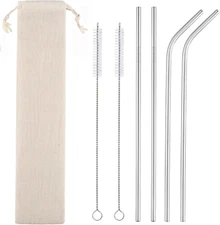 Set of 4 Reusable Metal Straws, Long Stainless Steel Straw with Cleaning Brus...