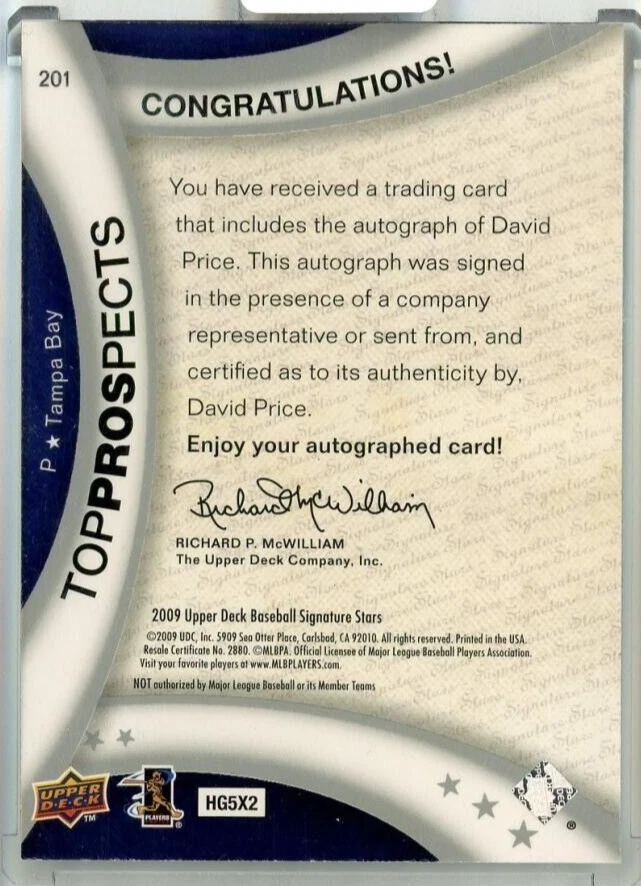 2009 Upper Deck Signature Stars David Price Top Prospects Tampa Bay Rays - Image 2 of 2