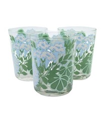 Three 3 Vintage MCM Georges Briard Blue Green Floral Old Fashioned Glasses