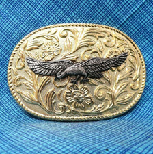 Western Eagle Belt Buckle Cowboy Floral Scroll Cowgirl Vtg 70s Hong Kong .PCB105
