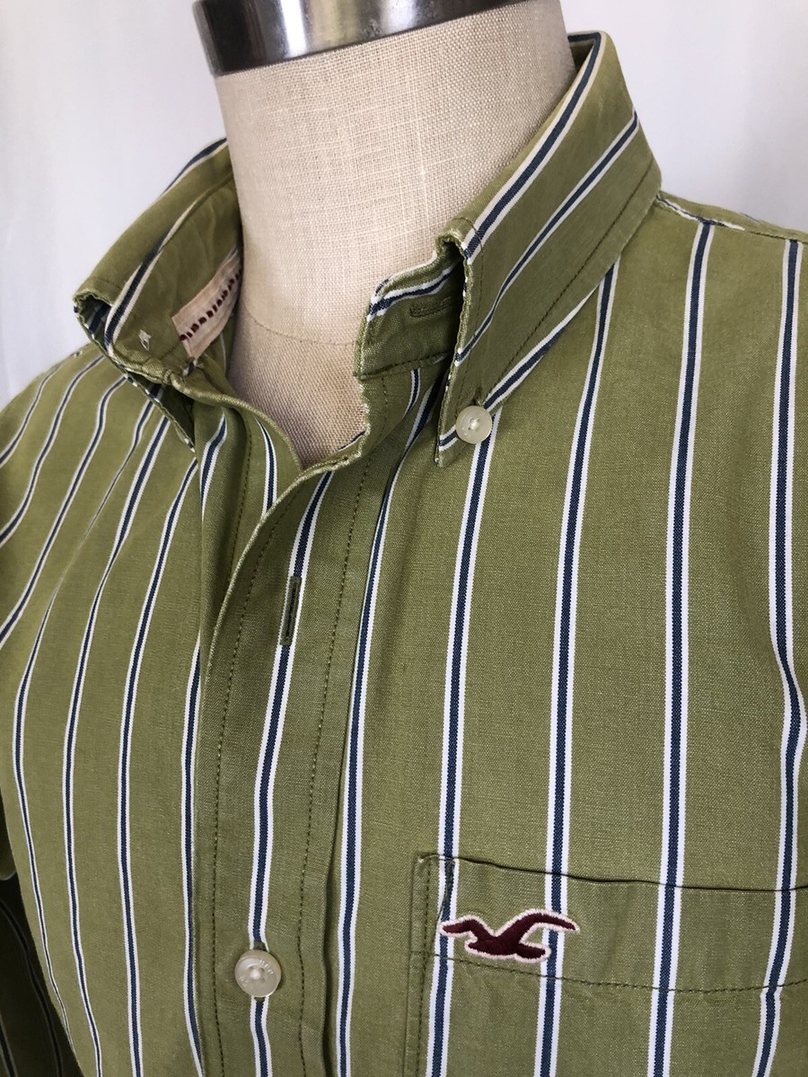 HOLLISTER Mens Cotton Oxford Shirt Green/Blue Stripe, Large