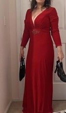 Sz 8 IEENA for Mac Duggal Jersey Long Sleeve RHINESTONE Ruched Gown Red train