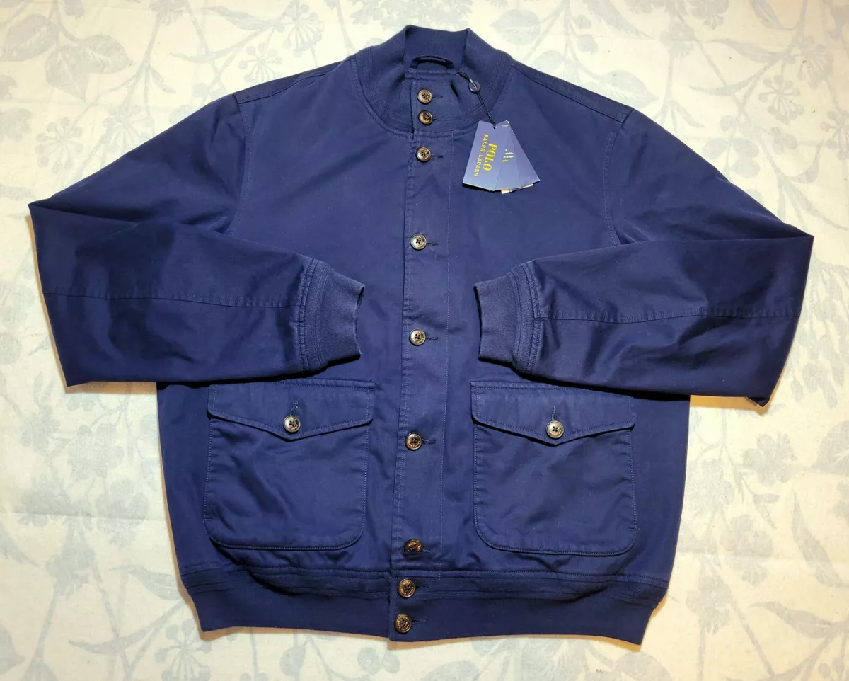 POLO RALPH LAUREN Bomber Jacket Medium Large Mens Navy Blue Button Down Chino
