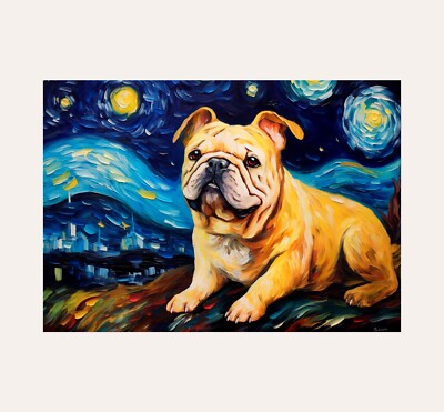 Bulldog Dog in Starry Night Poster Print A3 Size