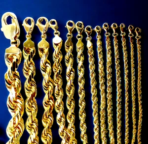 14K Collier chaîne de corde en or jaune Diamond Cut Real Gold 1mm-10mm 16"-30"