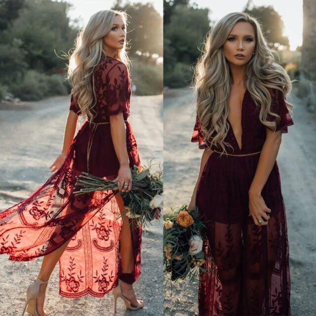 Women Lace Boho  Deep V Evening  Party Cocktail Prom  Beach 