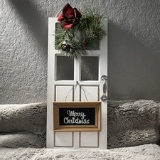 Christmas Vertical Door Decor Hanging Sign w/ Wreath Greenery Red Bow