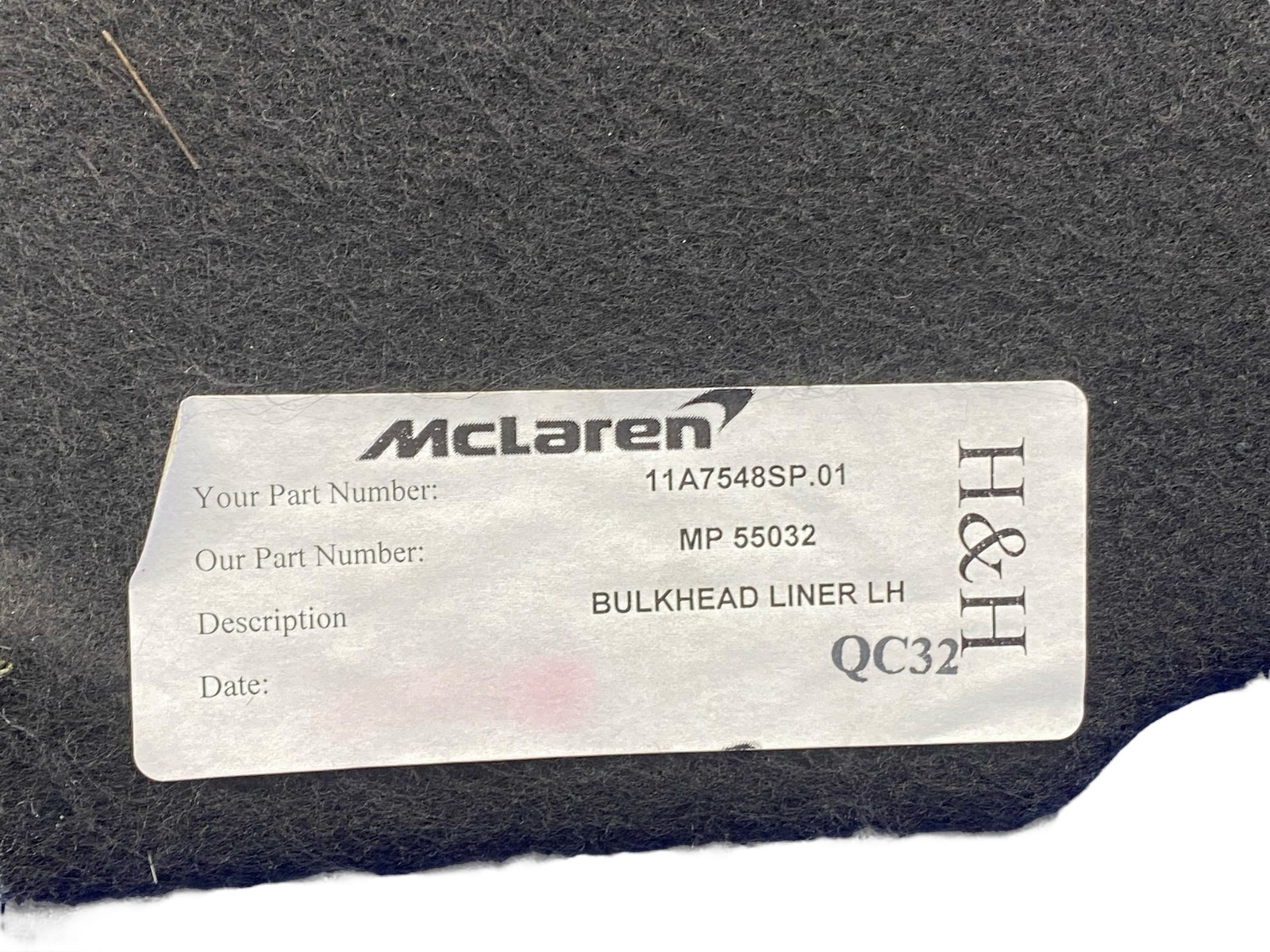 2015-2017 MCLAREN 650S LEFT RIGHT SIDE BULKHEAD COVER PANEL SET BLACK CARPET
