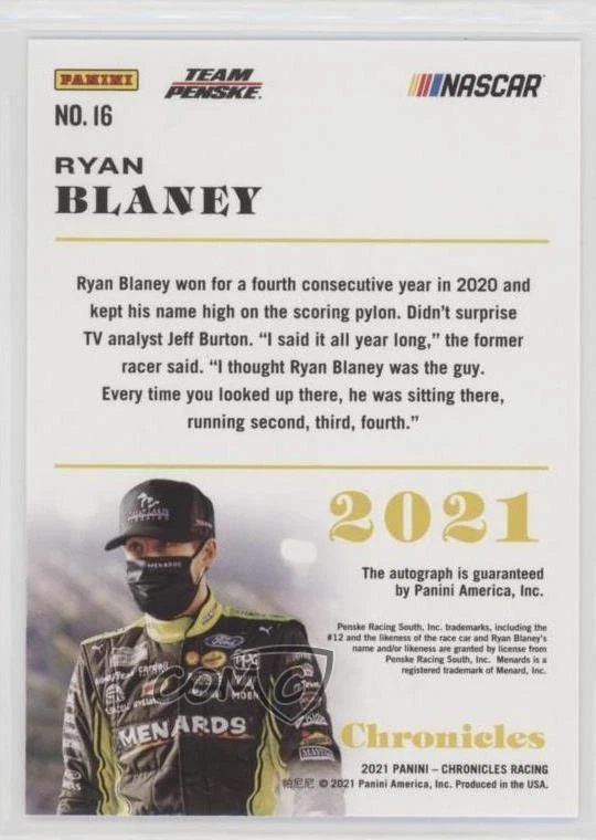 2021 Panini Chronicles Purple Auto /25 Ryan Blaney #16 Auto - Image 2 of 2