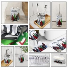 Christmas Bathroom Set Shower Curtain with Hooks  Bath Rugs Holiday Decor