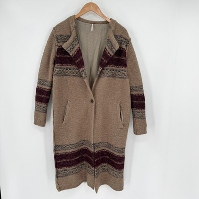 Free People Longline Jacquard Stripe Duster Cardigan Beige/Maroon Sz M EU Import
