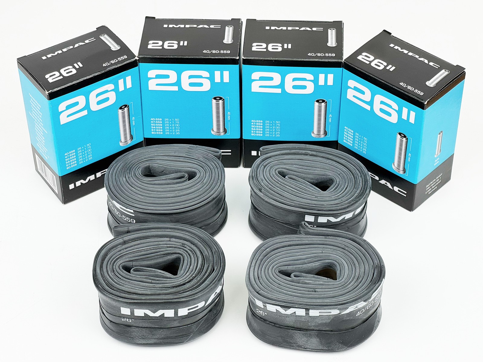 Set 4x Tubi Interni Impac 26" 40/60-559 Valvola Schrader Mountain Bike MTB Bicicletta