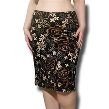 90s Vintage Sassy Black Cream Floral Print Midi Skirt Sz L Made In USA