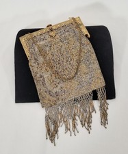 Vintage French Glass Beaded Evening Purse Art Deco Ornate Frame Mesh Handbag