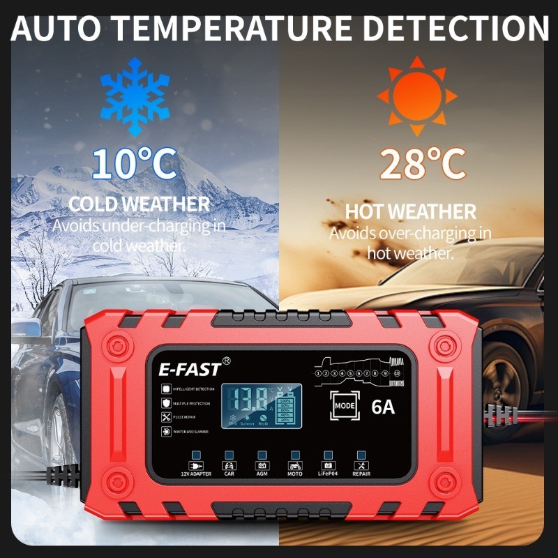 12V 6A Smart Battery Charger w/ Adapter Mode for AGM LiFePO4 Car Lawn Mower