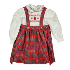 vintage Polly Flinders Girls Dress Size 4 Red Tartan Plaid Smocked Jumper