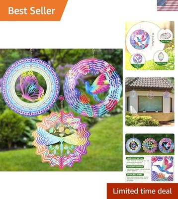 12 Inch Butterfly, Dragonfly & Hummingbird Wind Spinners - 3 Pack Outdoor Decor