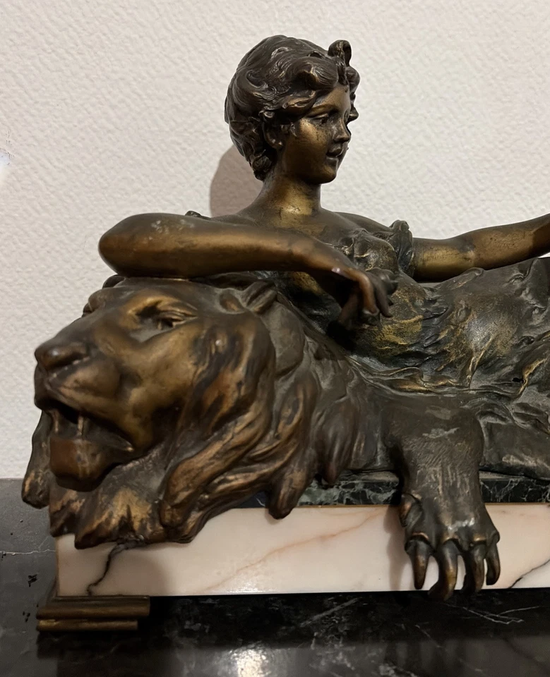 rare statue sculpture art déco méditation signé GEO MAXIM 1885-1940 lion femme - Photo 3/4