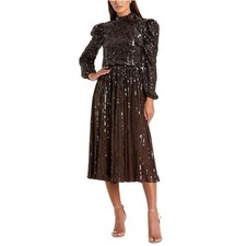 Mac Duggal 93642 Brown Cocktail Dress Sequined Long Sleeve Tie Neck Midi Size 14
