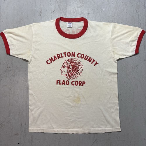 Vintage Retro Jerzees Flag Corp Sportswear Outdoors Ringer Style T Shirt L