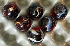 Set of 6 Vacor Rooster Glass Marbles Transparent Dark Red w/ White Swirls