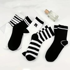 5 Pairs Black  White Striped Sports Socks   Casual Comfort All Seasons