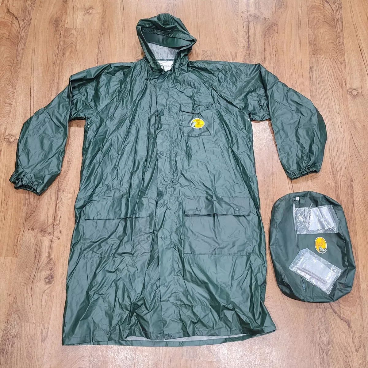 Bass Pro Shop Rain Jacket Men's Large Green Hooded w/ Patches and