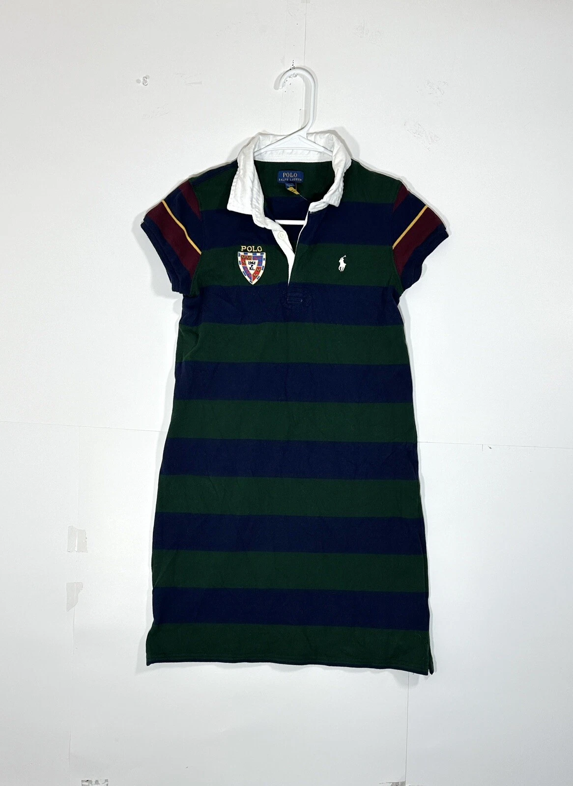 POLO RALPH LAUREN KIDS Girl Logo Embroidered Striped Polo Dress Green Navy XL 16