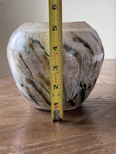 VTG Studio Art Pottery Stoneware Round Vase Cream Splashed Earth Tones Signed - Picture 10 of 13