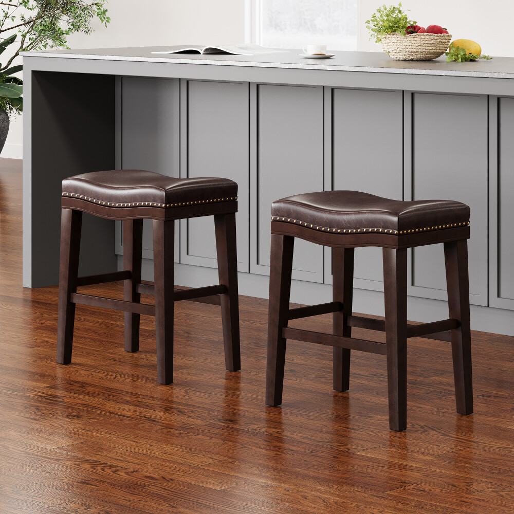 Dark Brown 26" Contemporary Upholstered Saddle Stools (Set of 4) w/Nailhead Trim