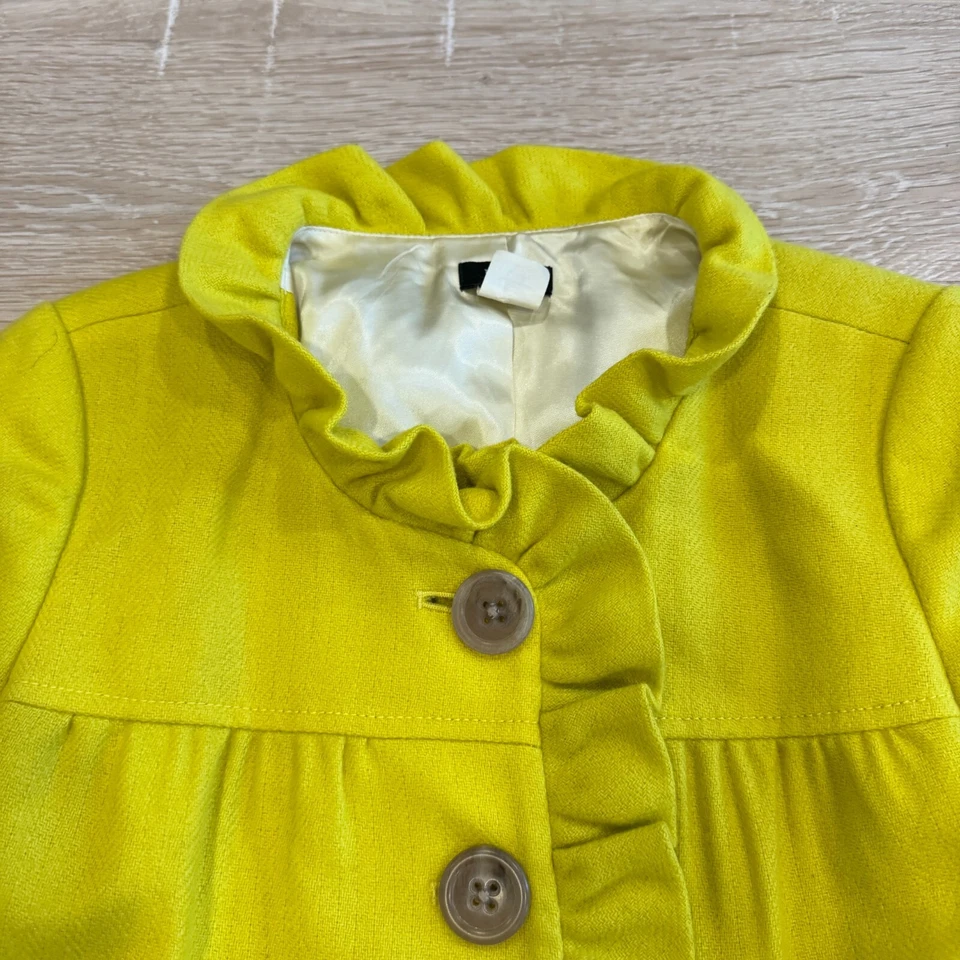 Chaqueta Blazer J.Crew Mujer Talla 2 Amarilla con Volantes Botón Frontal Mezcla de Lana Preppy Foto 3 de 4