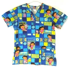 Nick Jr Dora the Explorer Womens Small Blue Healthcare Medical Nurse Scrub Top