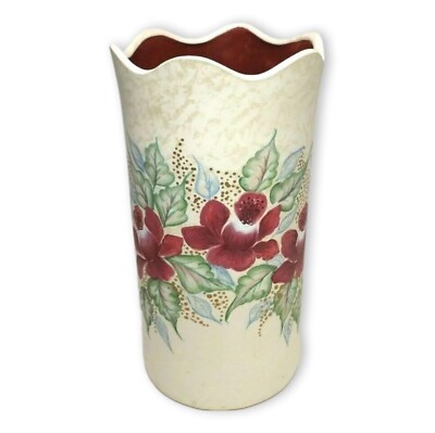 VTG Mary Ann Signed Hand Painted Scallop Pottery Floral Vase Burgundy Cream 10''
