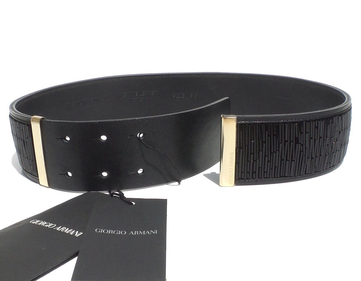GIORGIO ARMANI Black Leather Beaded Gold Tone Metal Wide Waist