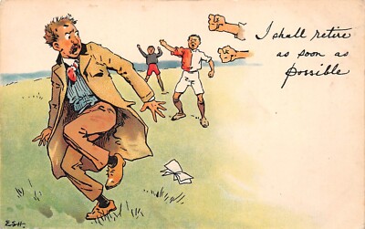 POSTKARTE COMIC FUSSBALL WEGSCHREIBEN ICH WERDE SO SCHNELL WIE MÖGLICH ZURÜCKKEHREN