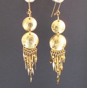 Authentic DOUBLE VINTAGE PERU COINS 18K Gold Plated Feng Shui Sparkling Dangle Earrings