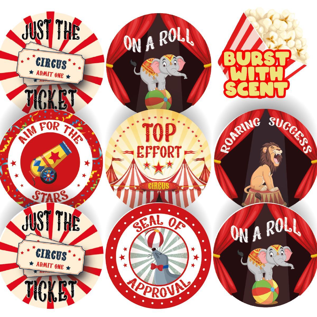 120 Popcorn Circus 30mm Scented Reward Stickers for Teachers, Parents, Party Bag