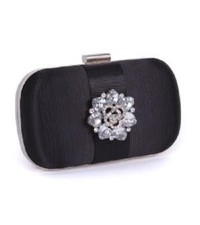 MAGID SATIN BOX CLUTCH HANDBAG WITH RHINESTONE BROOCH