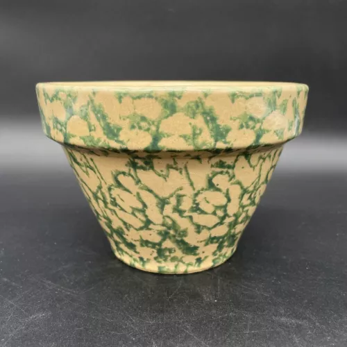 Vintage RRP Co Roseville Ohio Pottery 4” Tall Green & Tan Spongeware Bowl