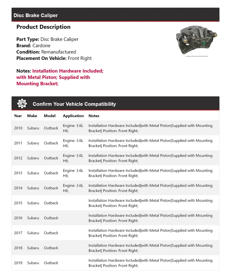 Pinça de freio a disco dianteira direita Cardone 2011 2012 Subaru Outback 2010-2019 - Imagem 2 de 4