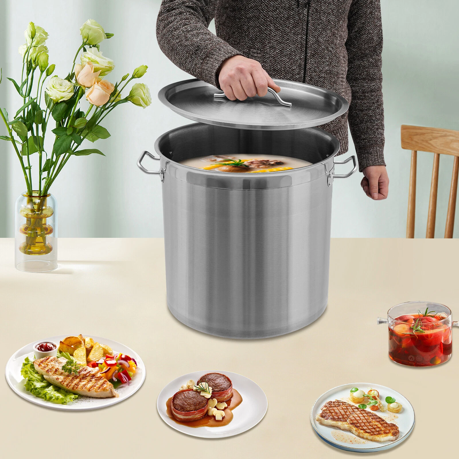 12.8*11.8in Stainless Steel Pot W/ Draining Bucket 20QT Cooking Pot Set Tabletop