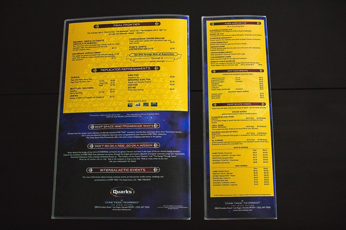 Rare Star Trek Quark's Bar Restaurant Food and Drink Menu's Rare Star Trek Quark's Bar Restaurant Food and Drink Menu's