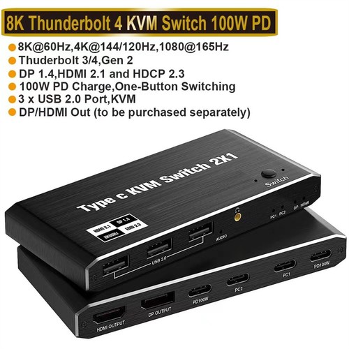 USB C KVM Switch 100W PD Charging Port Switcher 2x1 8K For 2 Laptop 1 Monitor - Photo 3/13